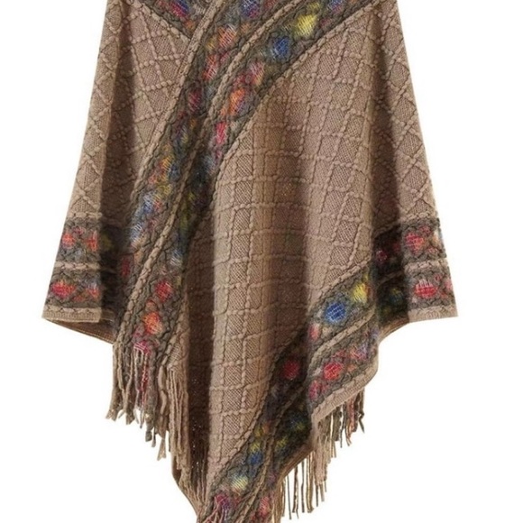 Other - Multicolor Patterned Poncho with Fringe